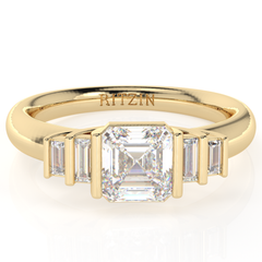 Anillos clásicos de moissanita blanca de corte Asscher y baguette de 1,25 cts. Anillos de compromiso de 5 piedras en oro amarillo de 14 k para mujer.