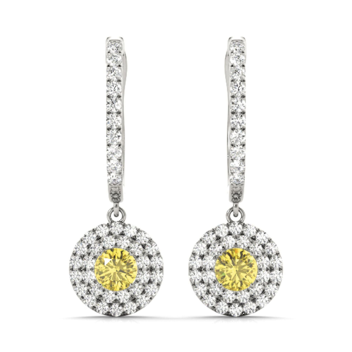 Yellow Round Cut Double Halo Style Dangle Hoop Earrings For Her/Women