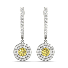 Yellow Round Cut Double Halo Style Dangle Hoop Earrings For Her/Women