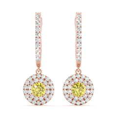 Yellow Round Cut Double Halo Style Dangle Hoop Earrings For Her/Women