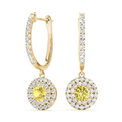 Yellow Round Cut Double Halo Style Dangle Hoop Earrings For Her/Women