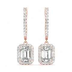 Emerald Cut Halo Dangle Hoop Earrings For Women