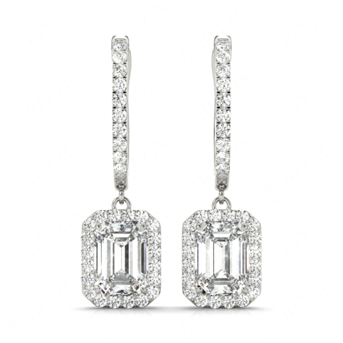 Emerald Cut Halo Dangle Hoop Earrings For Women