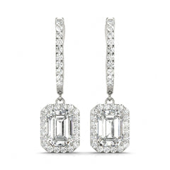 Emerald Cut Halo Dangle Hoop Earrings For Women