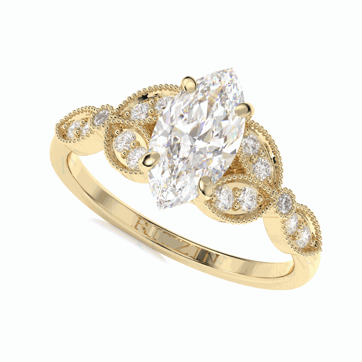 Anillo solitario de diamantes cultivados en laboratorio de 18 quilates con corte marquesa y detalles de 1,20 TCW para mujer