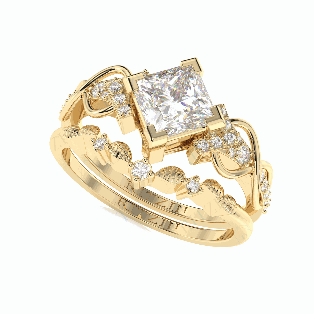 Anillo nupcial de diamantes cultivados en laboratorio de 18 quilates con corte princesa de 1,50 TCW para mujer